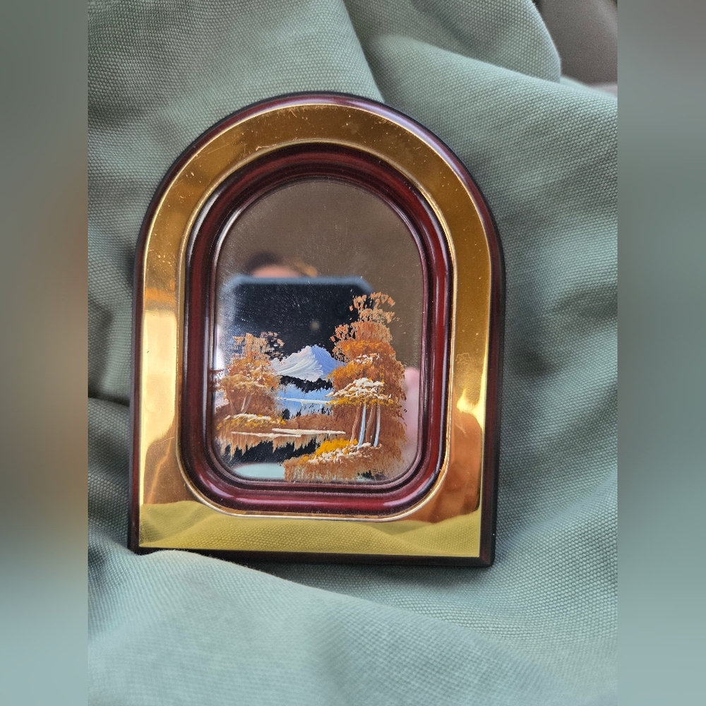 Vintage Reverse Painted Gold and Brown Mini Framed Landscape Art
